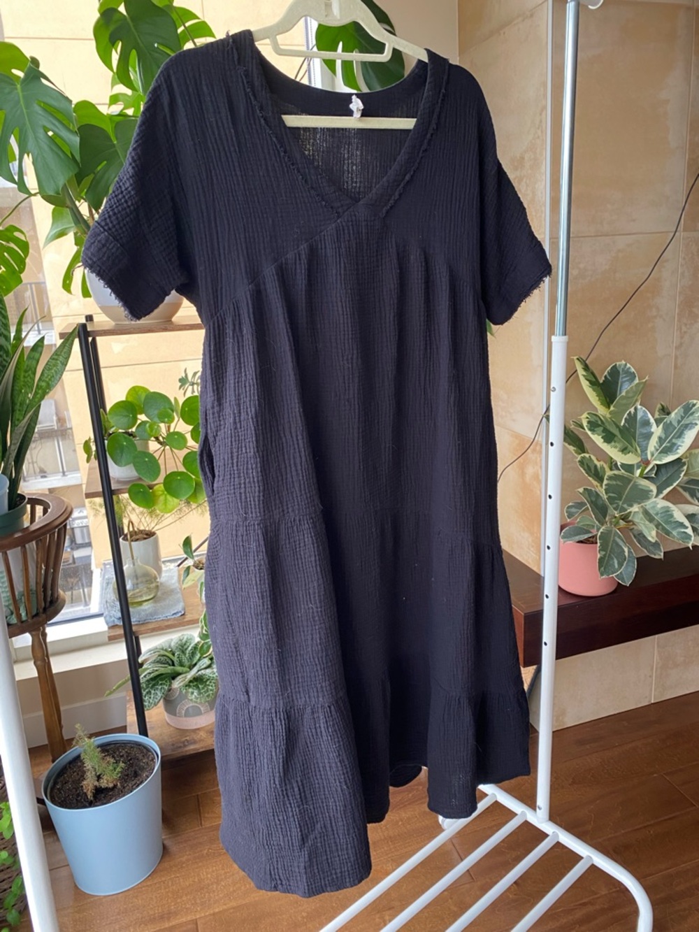 Black V-Neck Tiered Midi Cotton Dress